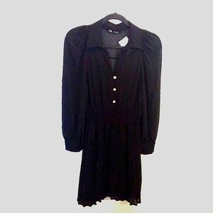 Zara Women's Black Long Sleeve Swiss Dot Dress with Pleated Skirt